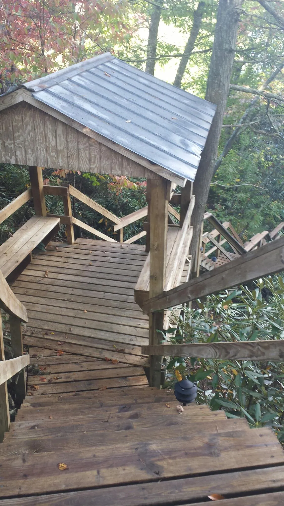 Metal roofed shelter over wooden steps on a wooded walkway — Skylight Repair & Installation work by our crew in Bridgewater